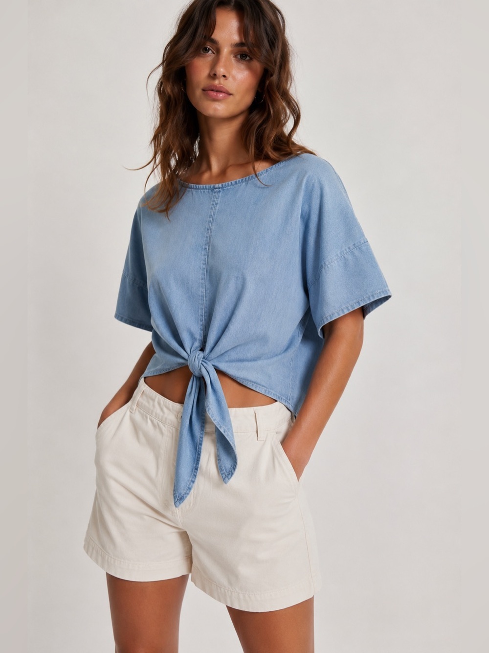 100% cotton vintage ELLE light weight denim chambray tie top